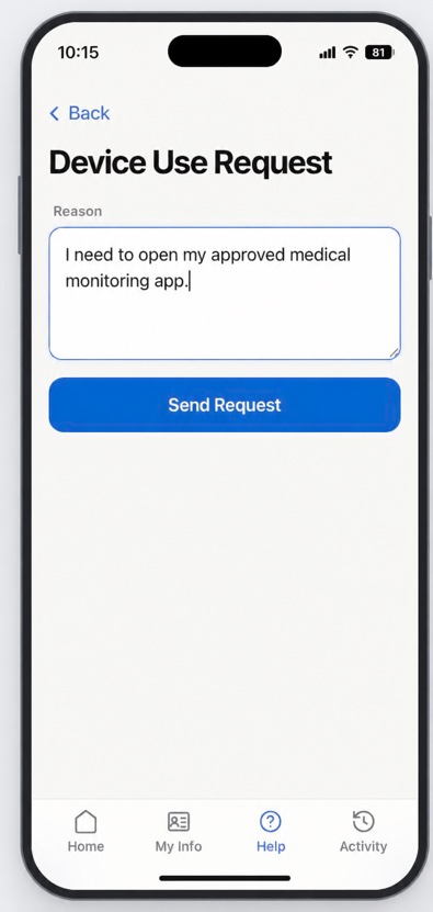 Fictional student device preview with a request to access a medical monitoring app during class.