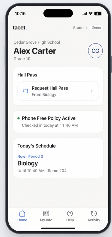 Fictional Cedar Grove High School student Alex Carter showing Phone Free Policy Active and the current class schedule.